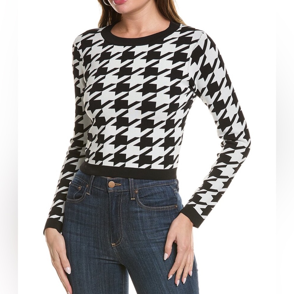 Central Park West  Everly Houndstooth Long Sleeve Top Black Sz Xs NWT #163